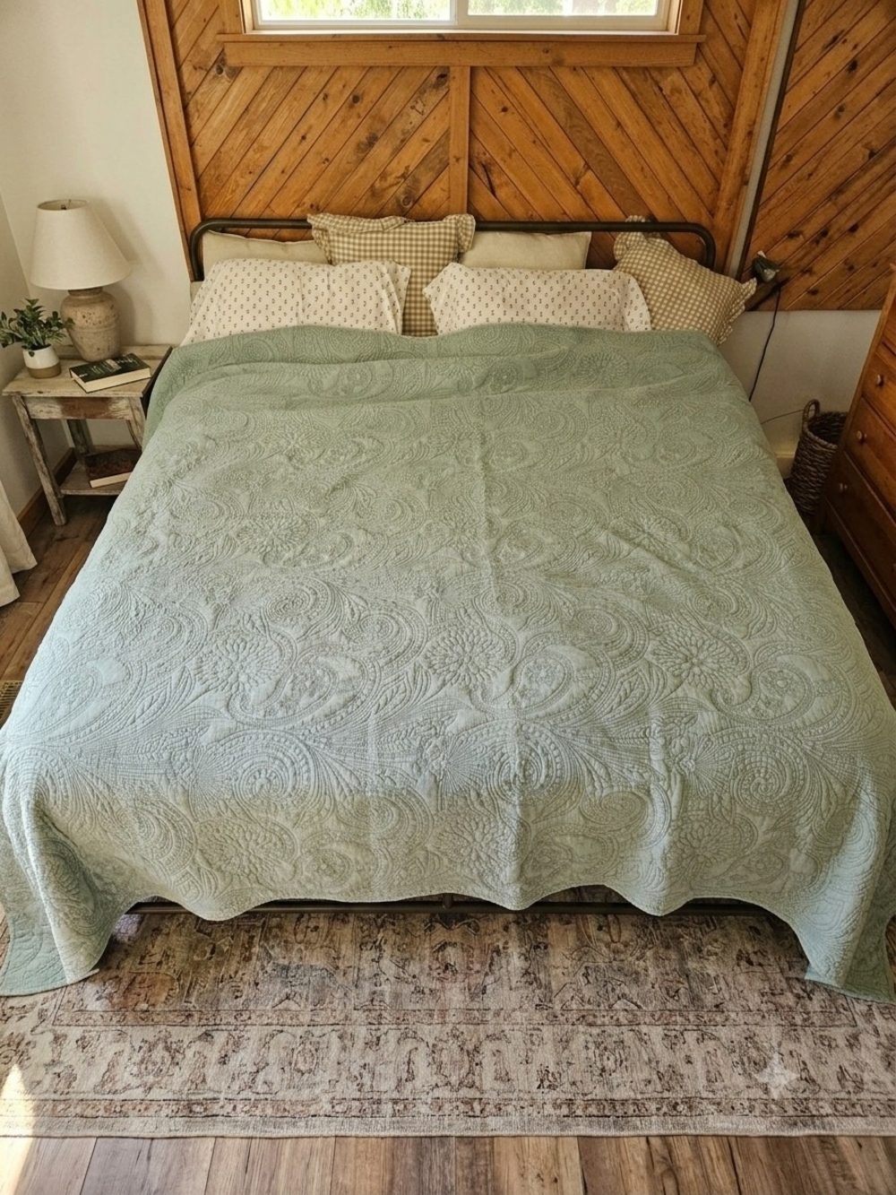 Shabby Chic Quilted Bedspread in Sage Green
